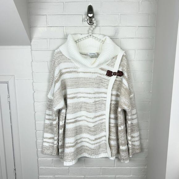 Calvin Klein Neutral Fuzzy Striped Knit Wrap Sweater Size S/M - Picture 2 of 11